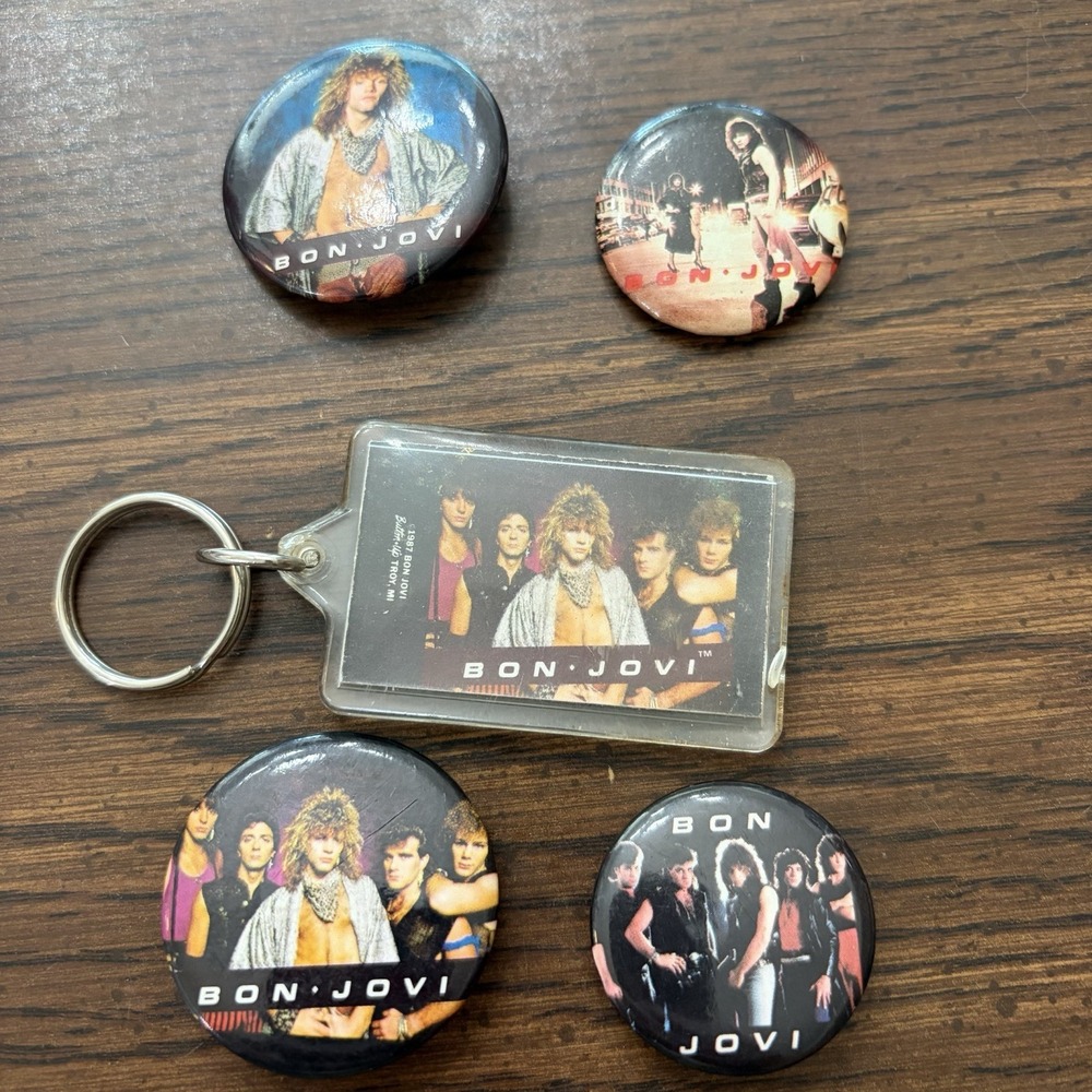 Vintage Bob Jovi Keychain & Button Lot 84-87 Hair Metal Rock Band